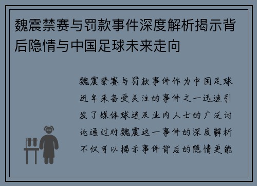 魏震禁赛与罚款事件深度解析揭示背后隐情与中国足球未来走向 魏震禁赛与罚款事件深度解析揭示背后隐情与中国足球未来走向