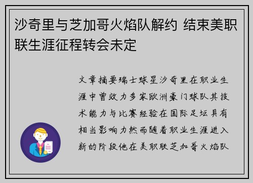 沙奇里与芝加哥火焰队解约 结束美职联生涯征程转会未定 沙奇里与芝加哥火焰队解约 结束美职联生涯征程转会未定